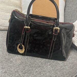 Arcadia Black Patent Satchel with Red Trim and Gold Hardware